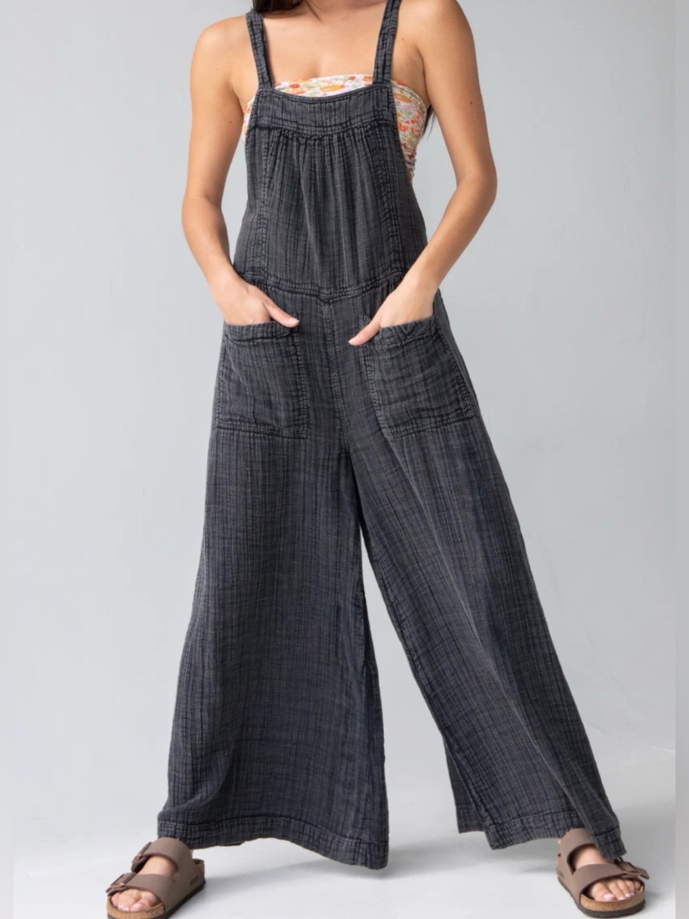 Natural Life Dakota Tie Cotton Gauze Wide Leg Boho Overall washed Black Size L - Picture 12 of 14